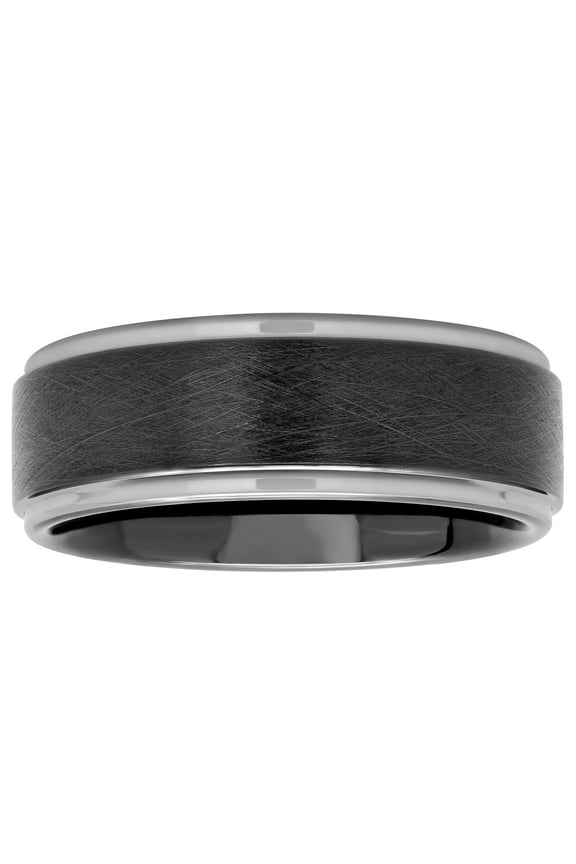 Men's Black Two-Tone Tungsten Frozen Finish Step Edge 8MM Wedding Band - Men's Ring