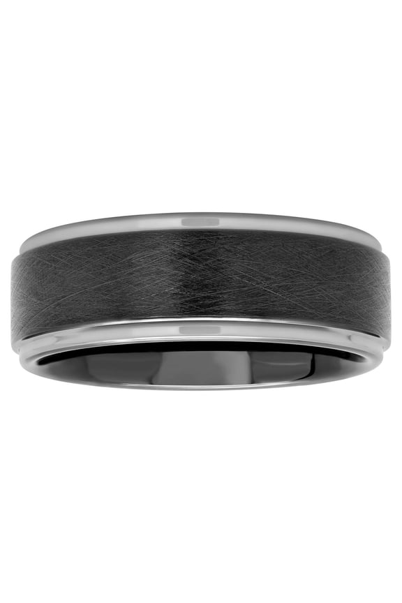 Men's Black Two-Tone Tungsten Frozen Finish Step Edge 8MM Wedding Band - Men's Ring