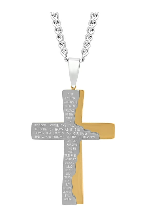 Men's Gold-Tone Stainless Steel The Lord's Prayer Tablet Cross Pendant - Brilliance Fine Jewelry