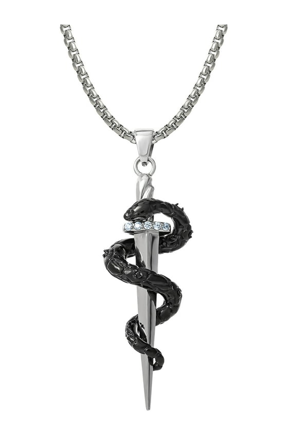 Men's Stainless Steel Simulated Diamond Dagger Snake Pendant, 22 inches