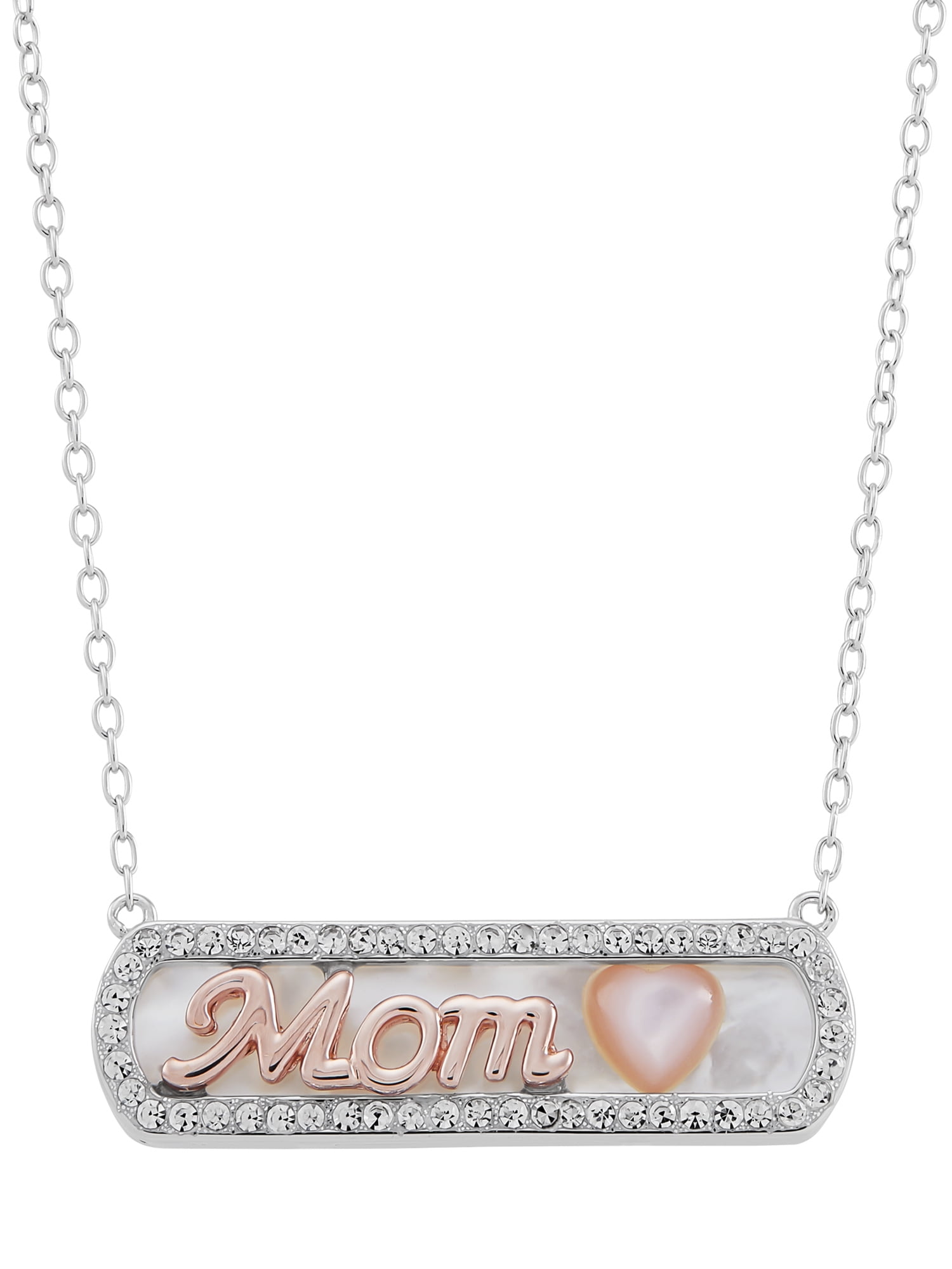 Brilliance Fine Jewelry Mother of Pearl Bar,Crystal,Heart,Mom Necklace in Sterling Silver and 14KT Rose Plate,18"