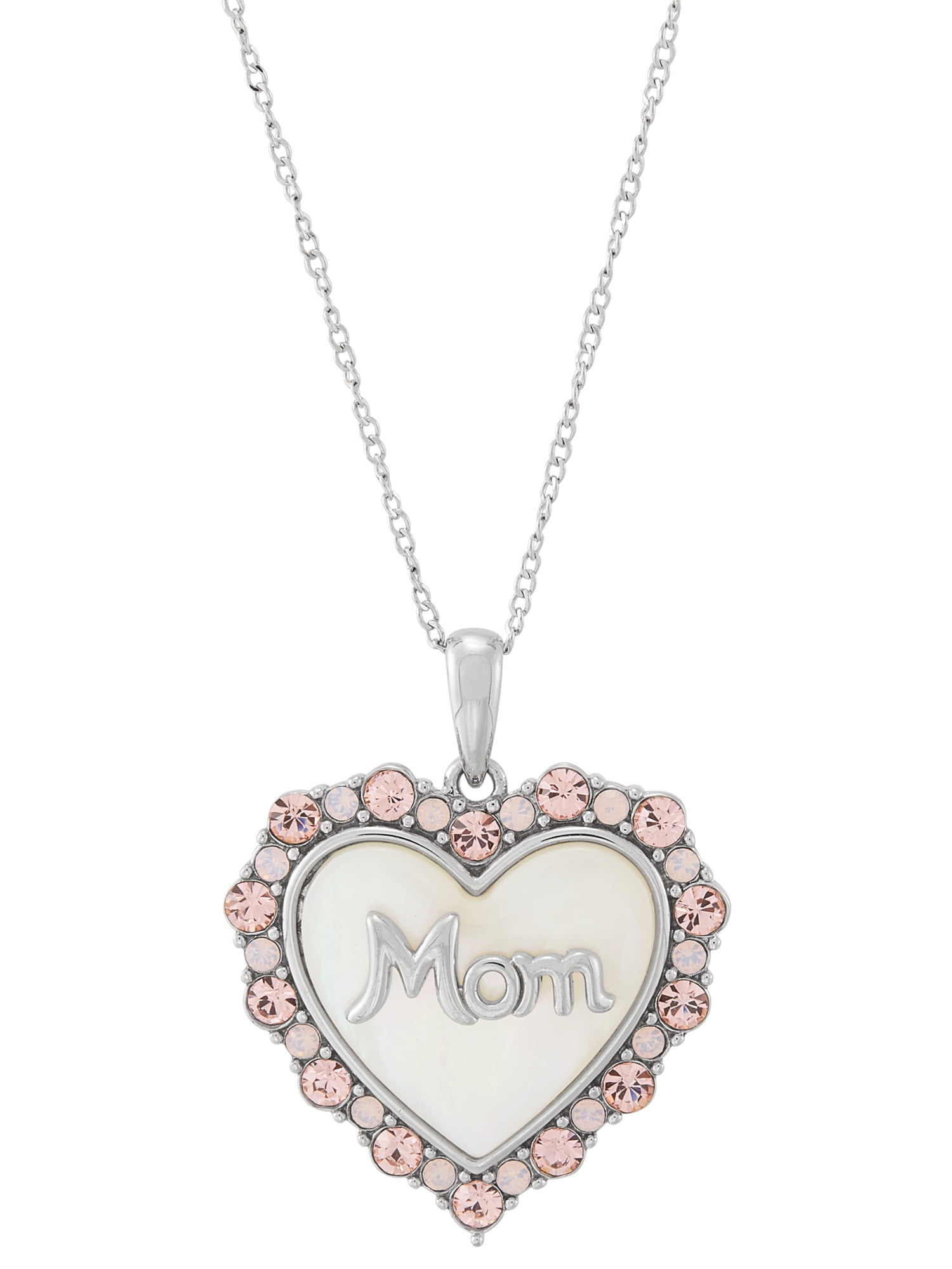 Brilliance Fine Jewelry Mother of Pearl Crystal Mom Heart Pendant in Sterling Silver