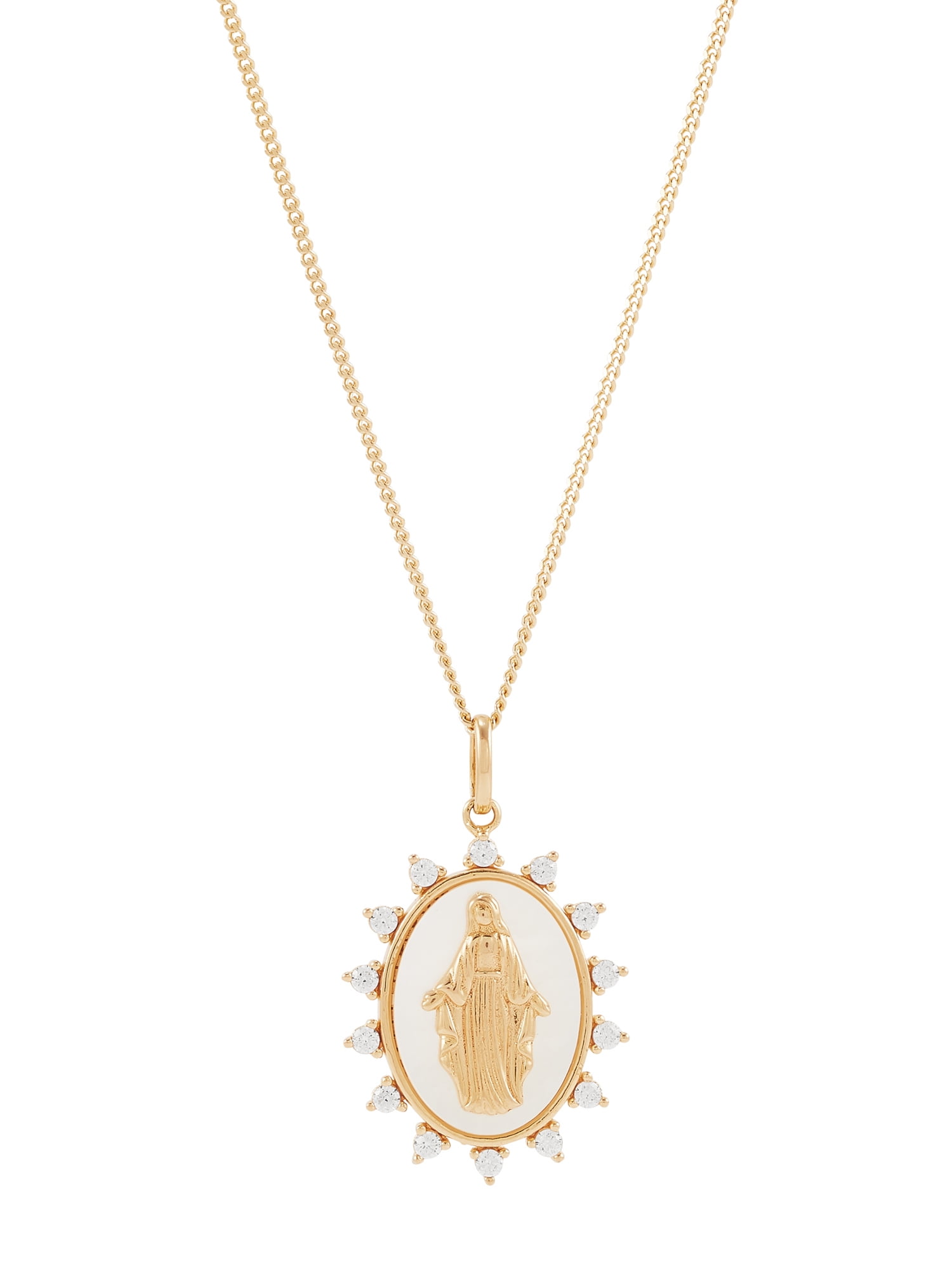 Brilliance Fine Jewelry Mother of Pearl Cubic Zirconia Mary Pendant in Sterling Silver and 14KT Gold Plate