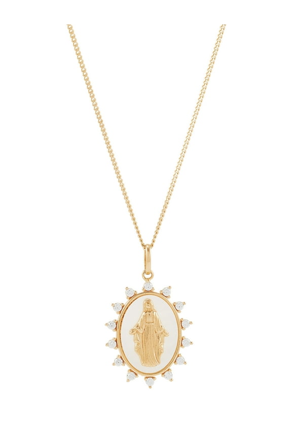 Mother of Pearl Cubic Zirconia Mary Pendant in Sterling Silver and 14KT Gold Plate