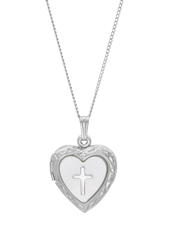 Sterling Silver White Mother-of-Pearl Heart and Cross Locket Necklace, 18 in Chain
