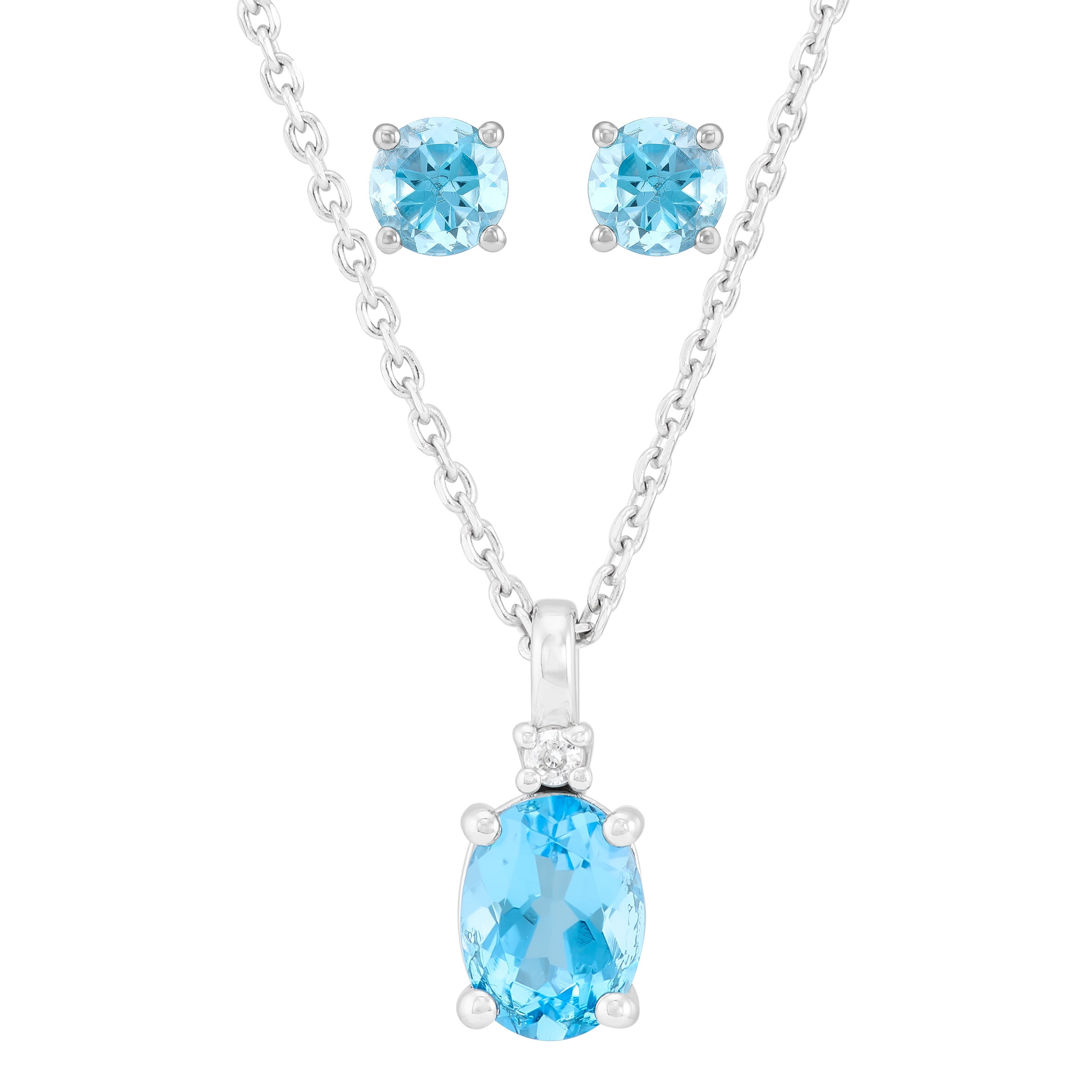 Brilliance Fine Jewelry Oval Blue Topaz Pendant and Round Stud Earrings Set in Sterling Silver