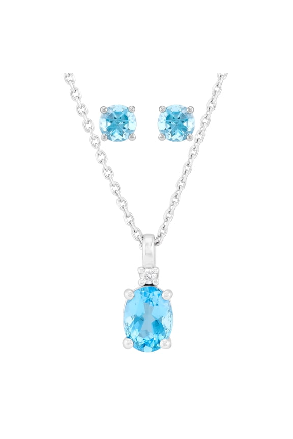Oval Blue Topaz Pendant and Round Stud Earrings Set in Sterling Silver