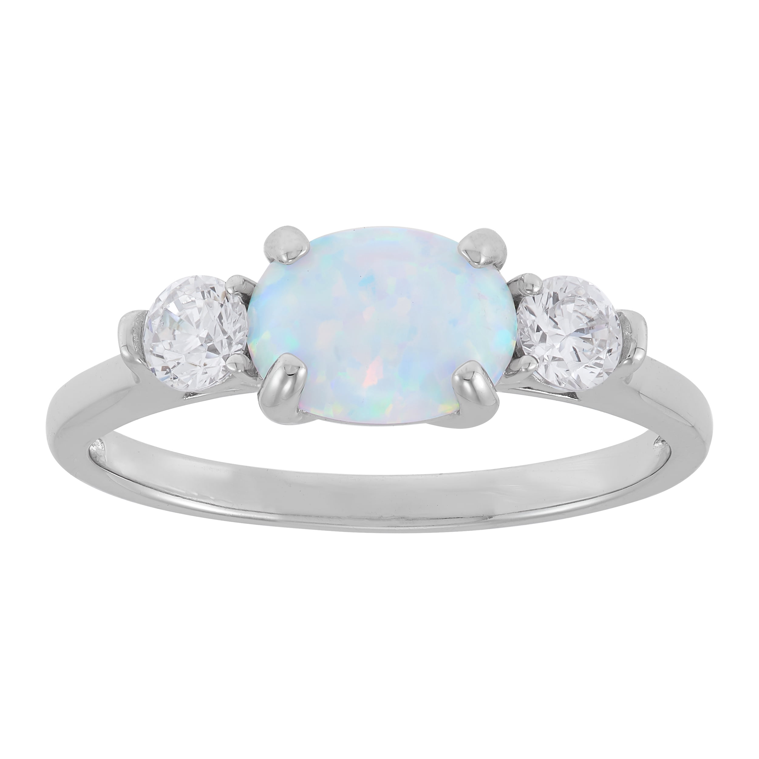 Brilliance Fine Jewelry Oval Created Opal and White Cubic Zirconia Ring in Sterling Silver