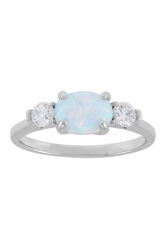 Oval Created Opal and White Cubic Zirconia Ring in Sterling Silver