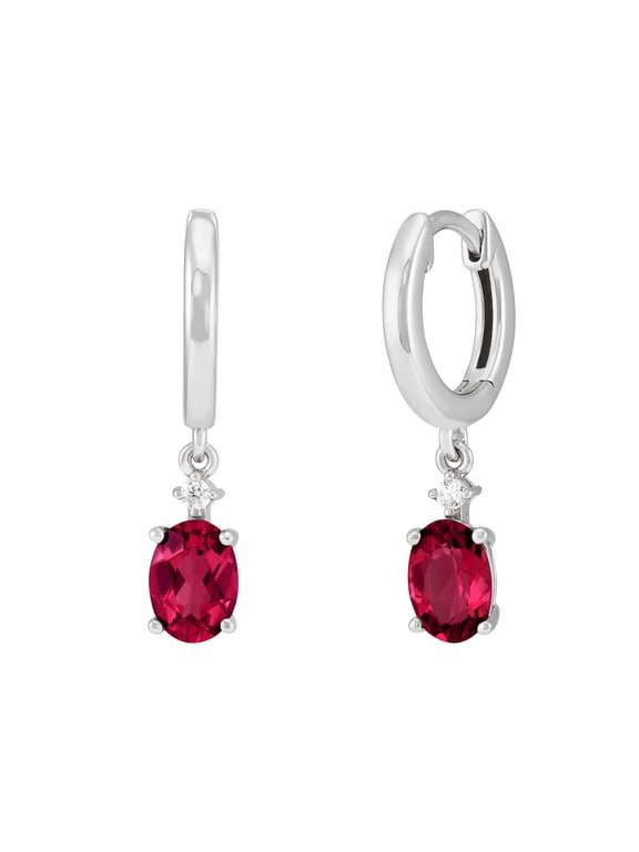Oval Created Ruby and White Cubic Zirconia Hoop Earrings in Sterling Silver