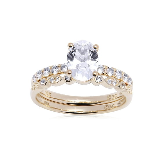 Brilliance Fine Jewelry Oval Created White Sapphire Bridal Set in 10K Yellow Gold