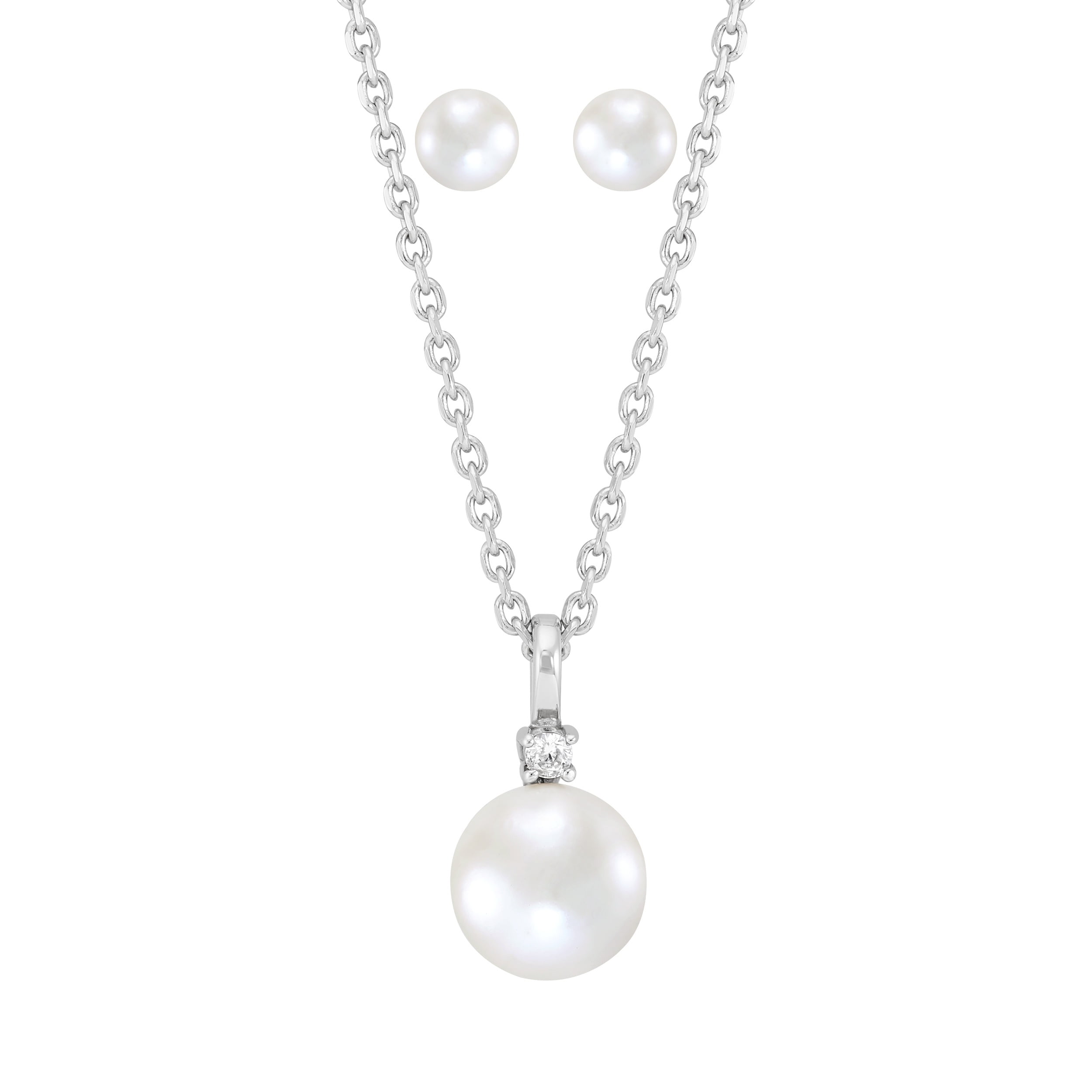 Brilliance Fine Jewelry Round Freshwater Pearl Pendant and Round Stud Earrings Set in Sterling Silver