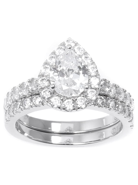 Pear Cut Simulated Diamond Engagement Ring Set, Sterling Silver, Size 7