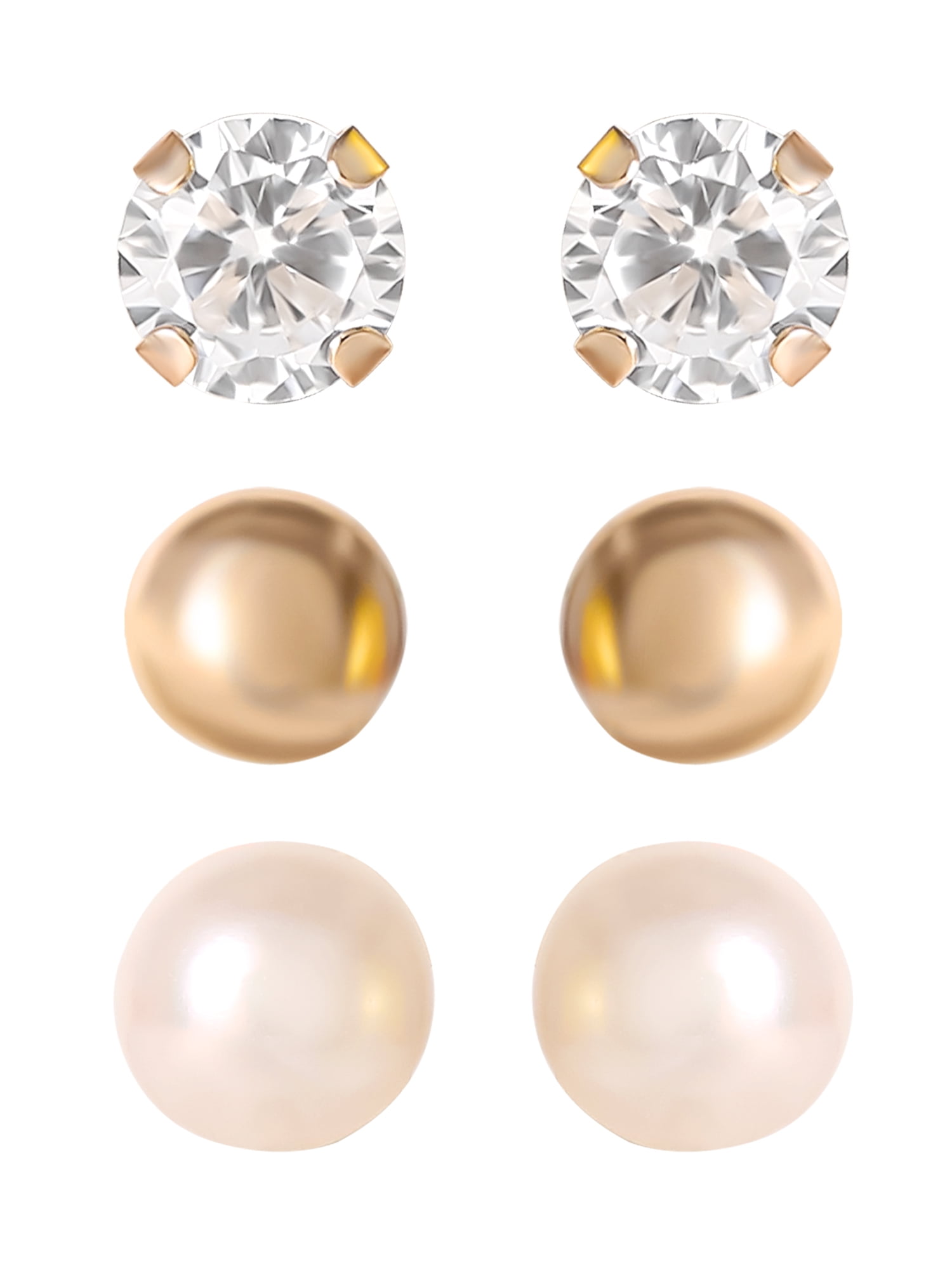 Brilliance Fine Jewelry Women's Pearl Stud Earrings, 3 Pairs, 14K Yellow Gold