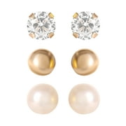 Brilliance Fine Jewelry Womens Pearl Stud Earrings, 3 Pairs, 14K Yellow Gold