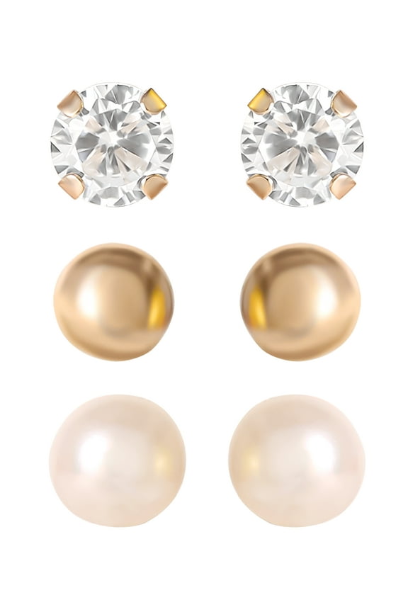 Pearl Stud Earrings, 14K, Yellow Gold, 3 Pairs