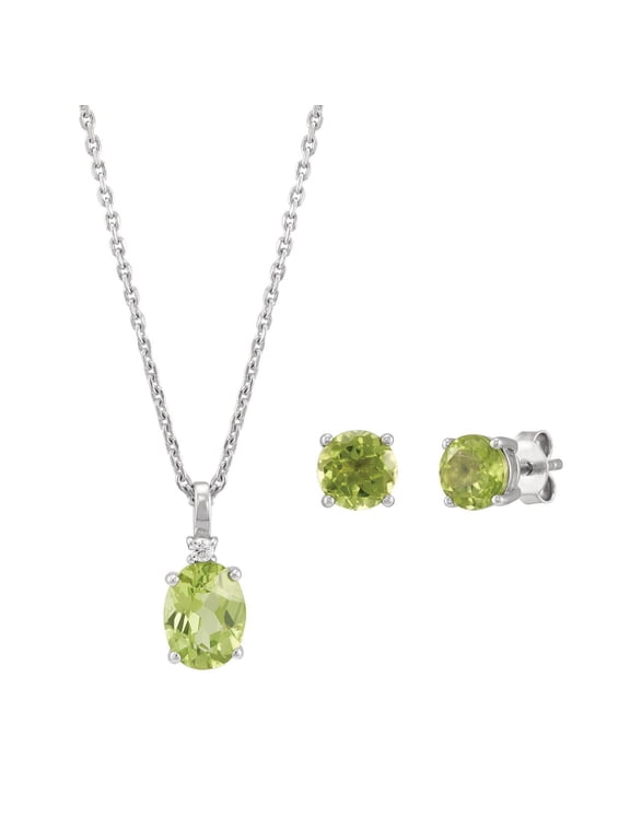 Peridot and White Cubic Zircoina Pendant Necklace and Studs Set in Sterling Silver