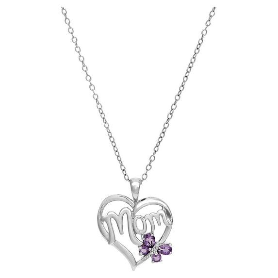 Brilliance Fine Jewelry Purple Amethyst Diamond Mom Heart Pendant in Sterling Silver,18"