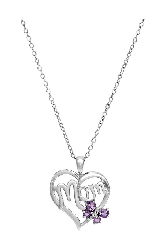 Purple Amethyst Diamond Mom Heart Pendant in Sterling Silver,18"