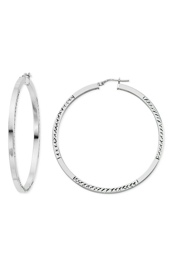 Rhodium Plated Sterling Silver Diamond Cut Square Tube Women's Hoops