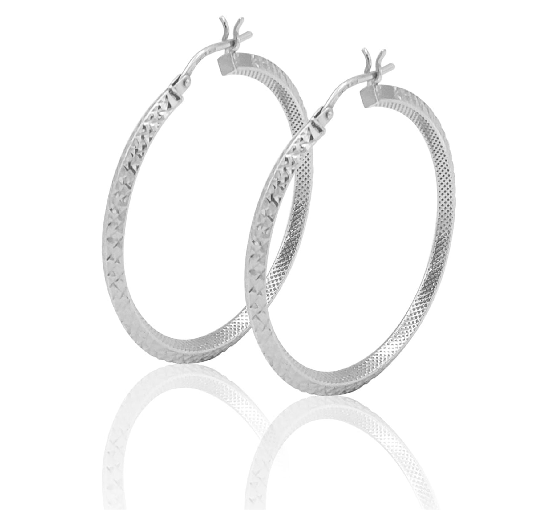 Brilliance Fine Jewelry Rhodium Plated Sterling Silver Diamond Cut Square Tube Women's Hoops