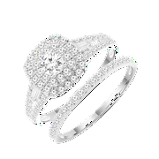 BRILLIANCE FINE JEWELRY Round 1 Carat Lab Grown Diamond Halo Bridal Ring Set in Sterling Silver