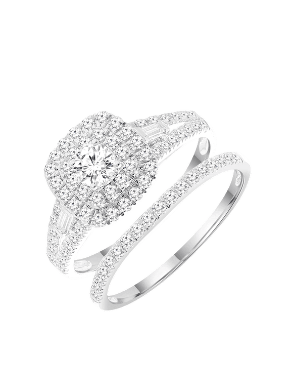 Round 1 Carat Lab Grown Diamond Halo Bridal Ring Set in Sterling Silver