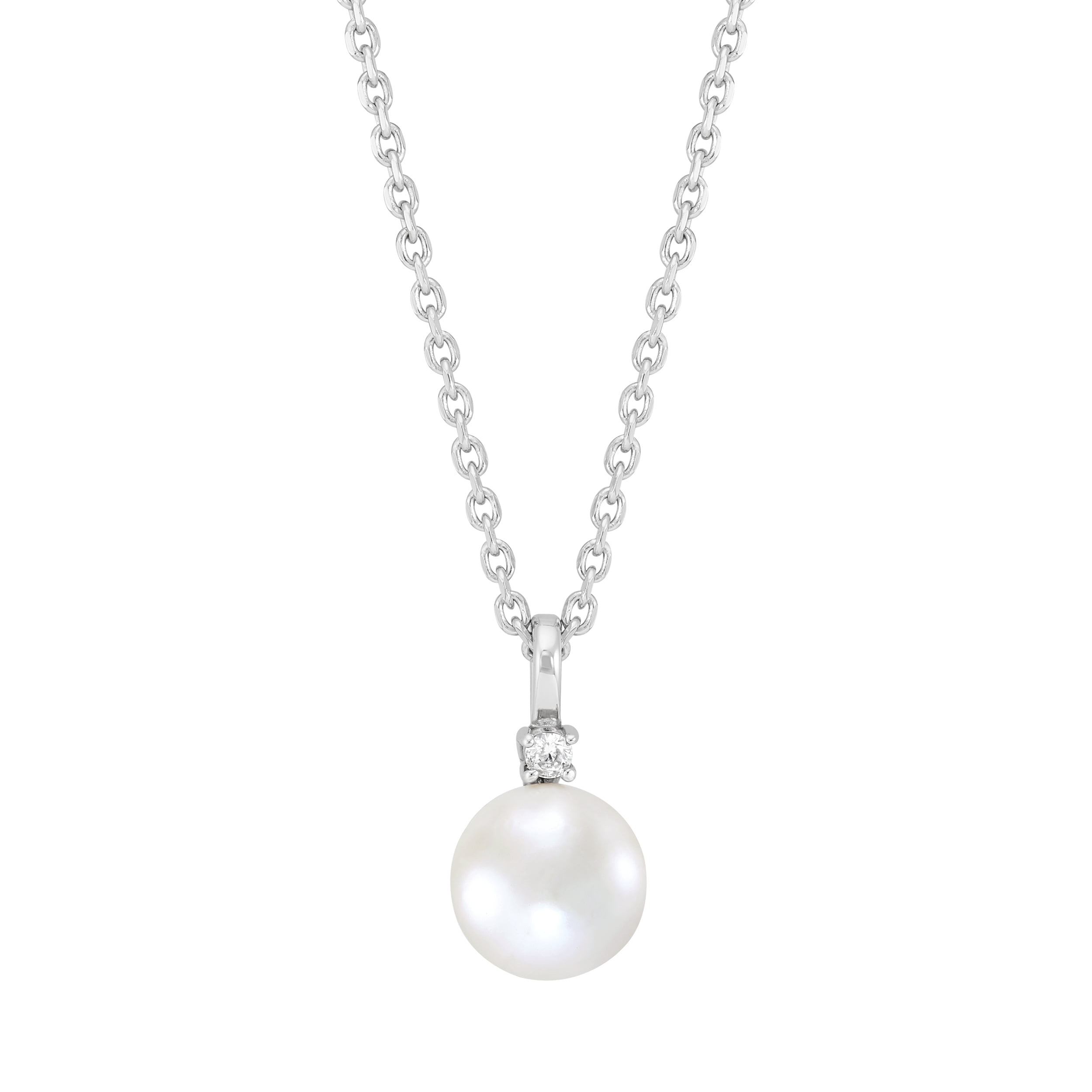Brilliance Fine Jewelry Round White Freshwater Pearl and White Cubic Zirconia Pendant Necklace in Sterling Silver