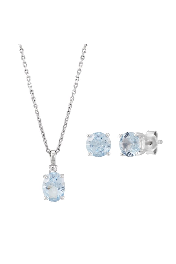 Simulated Aquamarine and White Cubic Zircoina Pendant Necklace and Studs Set in Sterling Silver