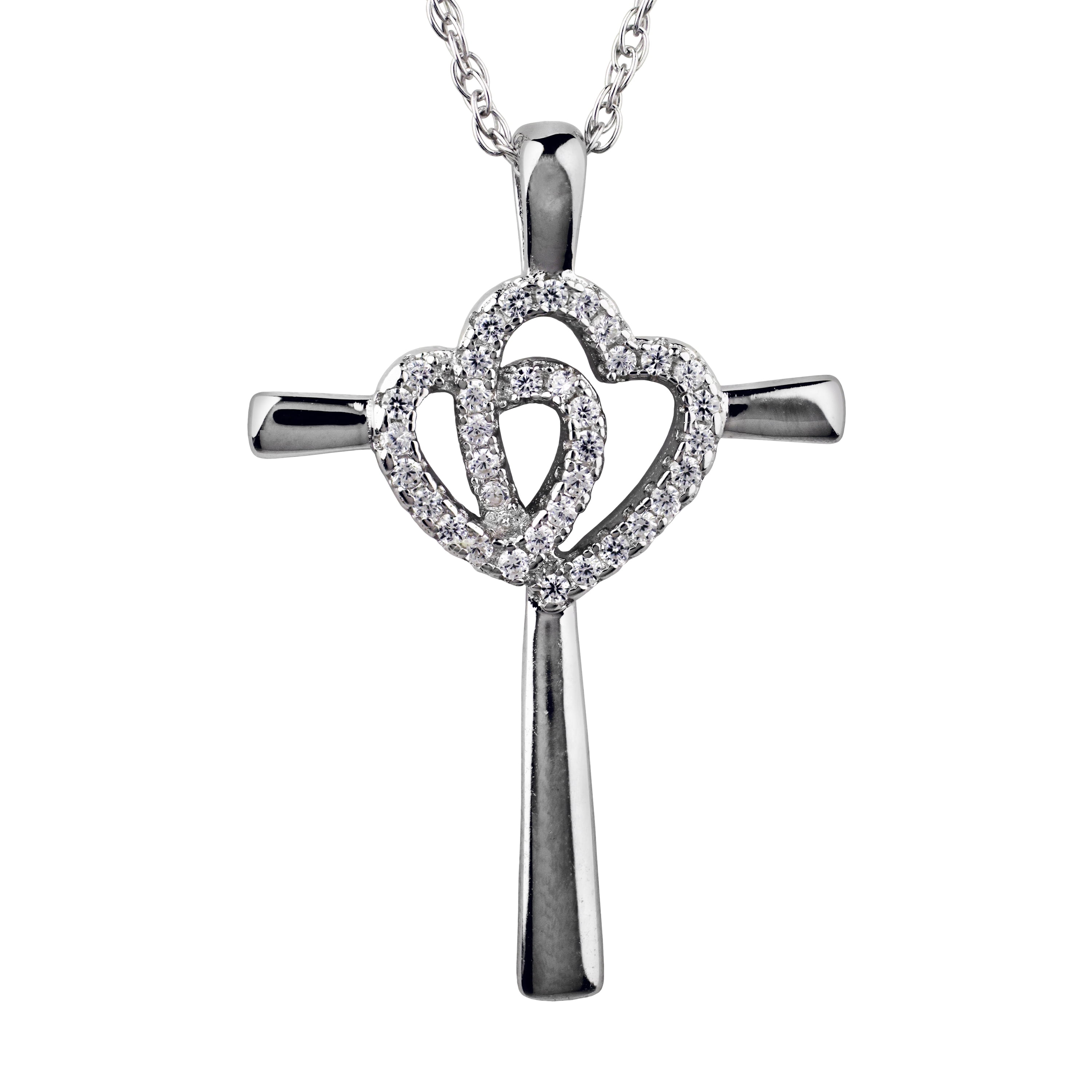 Brilliance Fine Jewelry Simulated Diamond Adult Ladies Cross Pendant with Heart in Sterling Silver
