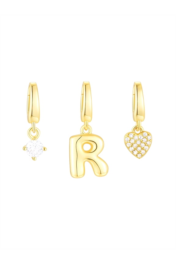 Simulated Diamond Initial R Charm Set in 14KT Gold Plated Sterling Silver