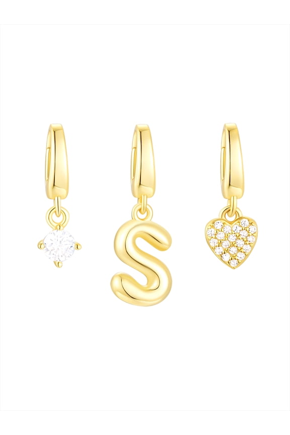 Simulated Diamond Initial S Charm Set in 14KT Gold Plated Sterling Silver