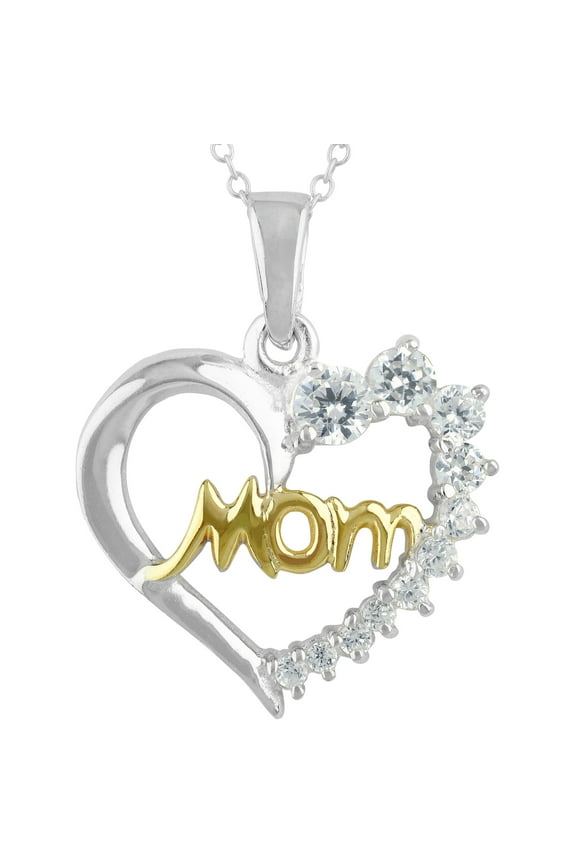 Simulated Diamond Mom Heart Necklace in Two Tone Sterling Silver with 14KT Gold Flash Plate