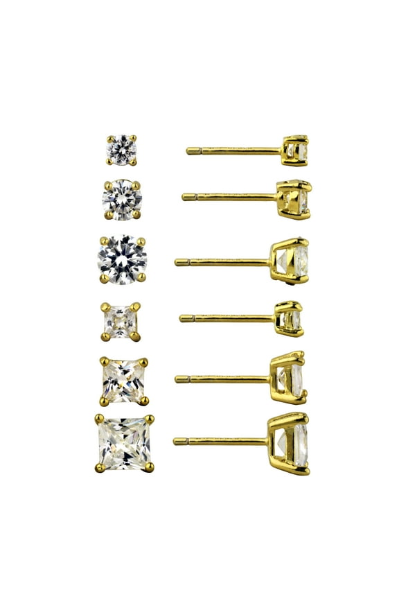 Simulated Diamond Round and Square Earring Set in 14KT Gold Plated Sterling Silver