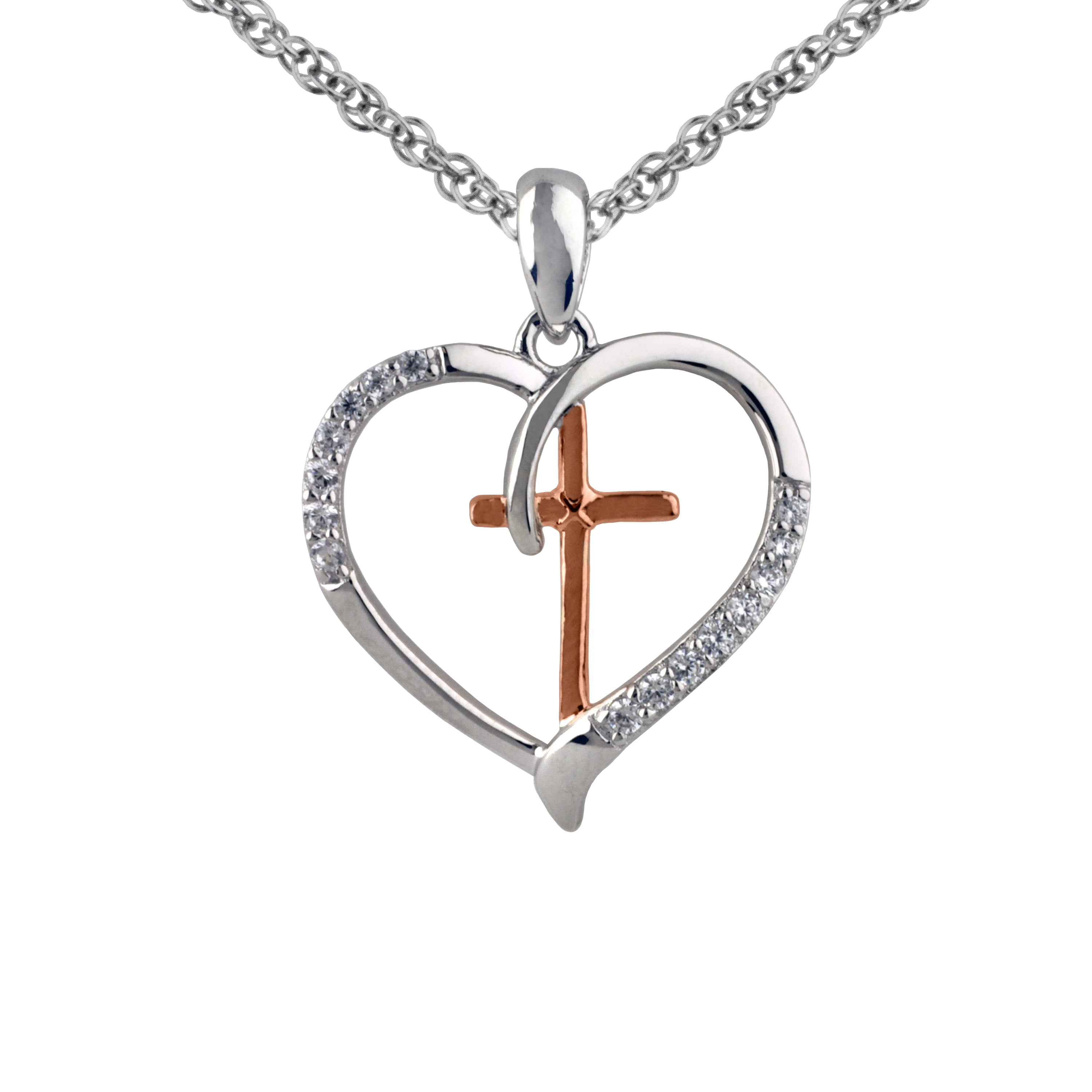 Brilliance Fine Jewelry Simulated Diamond Two Tone Heart/Cross Pendant in Sterling Silver