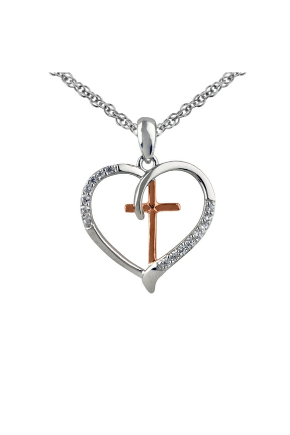 Simulated Diamond Two Tone Heart/Cross Pendant in Sterling Silver