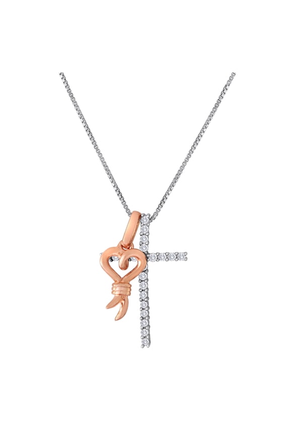Brilliance Fine Jewelry Sterling Silver 1/4 Carat T.W. Diamond Cross Pendant with Rose Gold-Tone Heart, 18"