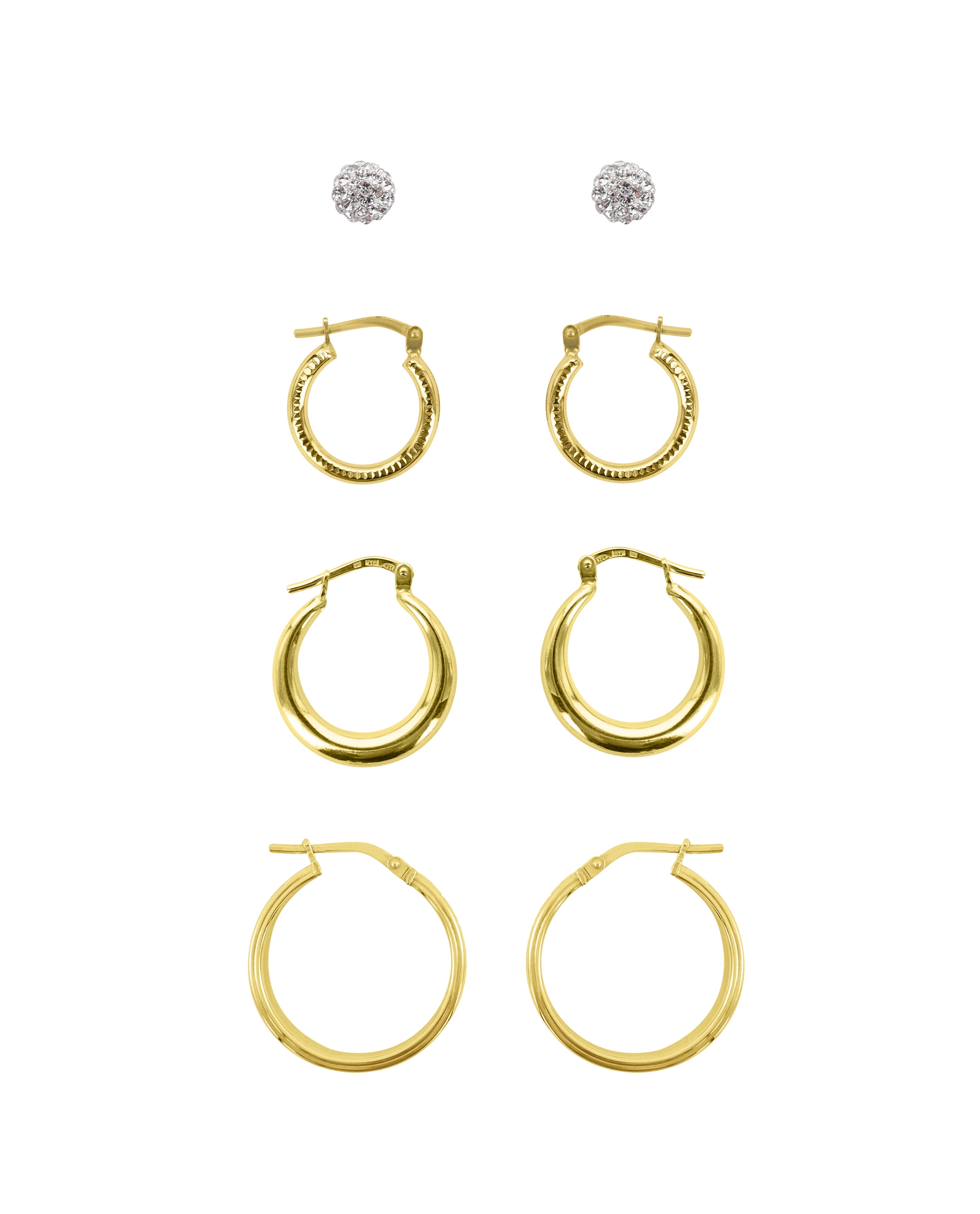 Brilliance Fine Jewelry Sterling Silver 14K Gold Plated Crystal Studs and Hoops Adults Earring Set; Adults 4 Pairs