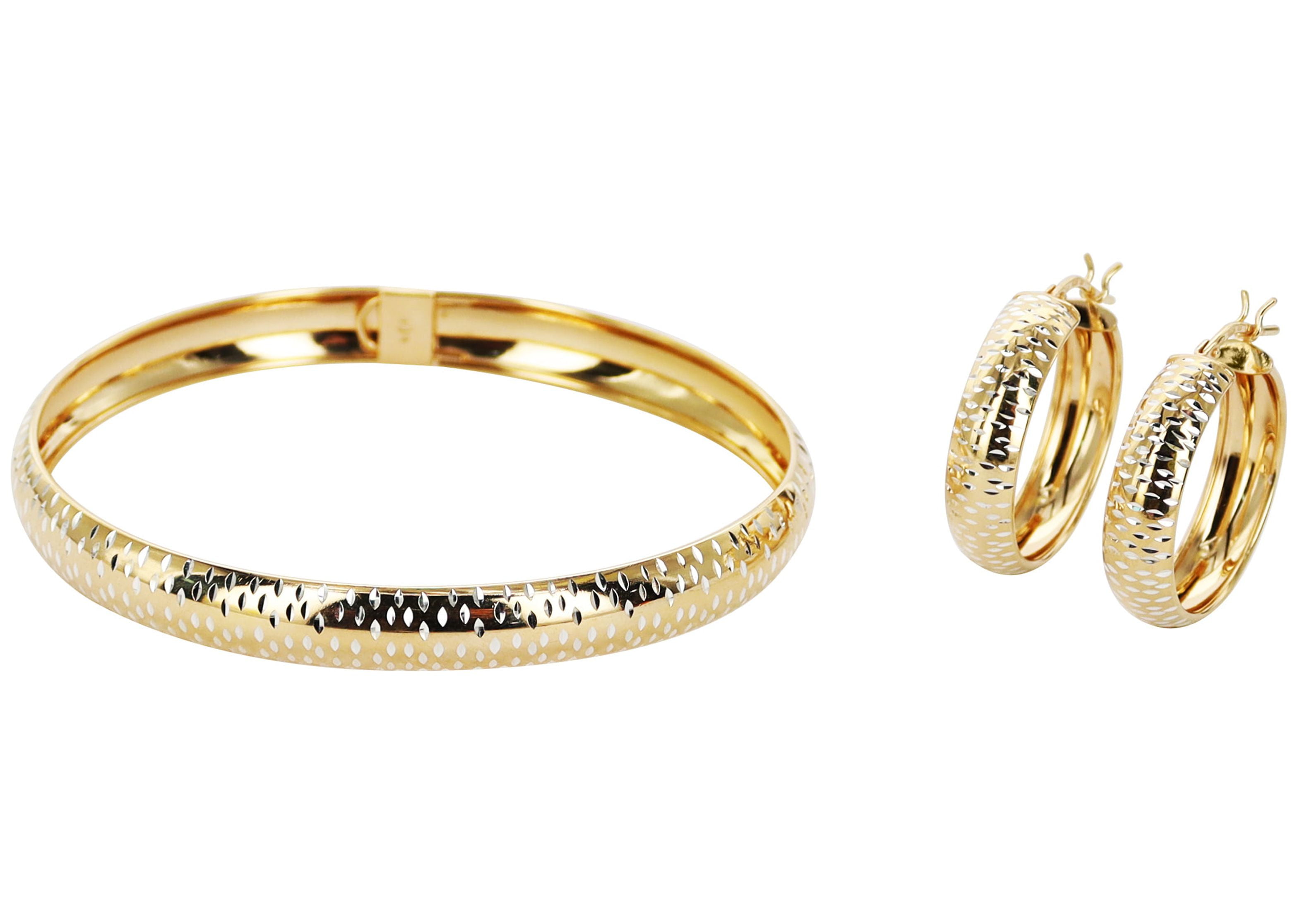 Brilliance Fine Jewelry Women's Sterling Silver 14K Gold Plated Diamond Cut Flex Bangle Earring Set for Adults
