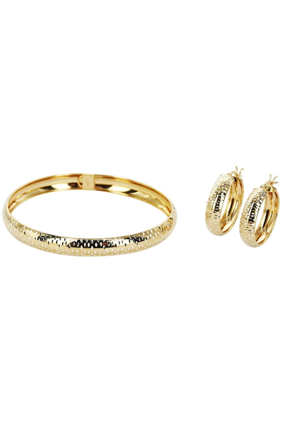 Women's Sterling Silver 14K Gold Plated Diamond Cut Flex Bangle Earring Set for Adults