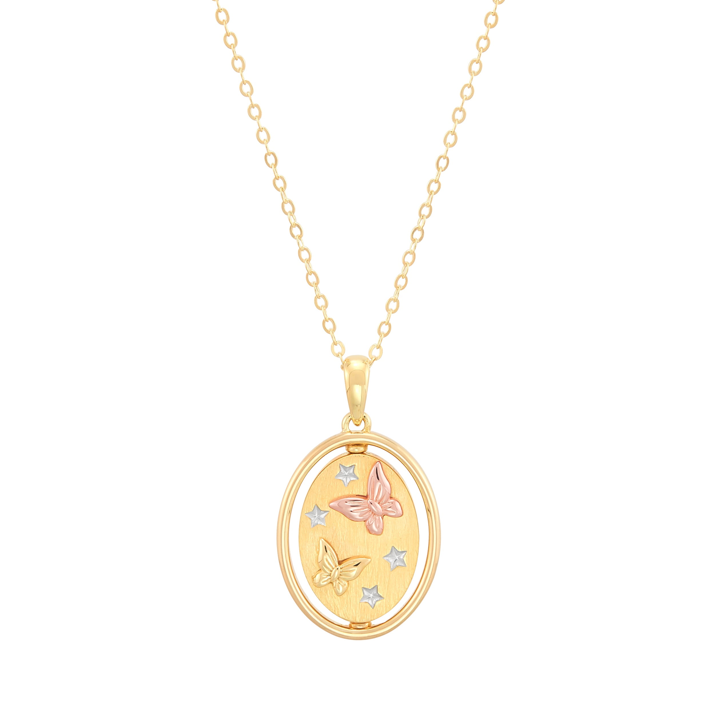 Brilliance Fine Jewelry Sterling Silver 14KT Gold Plated Spinning Butterfies Oval Pendant Necklace, 20"