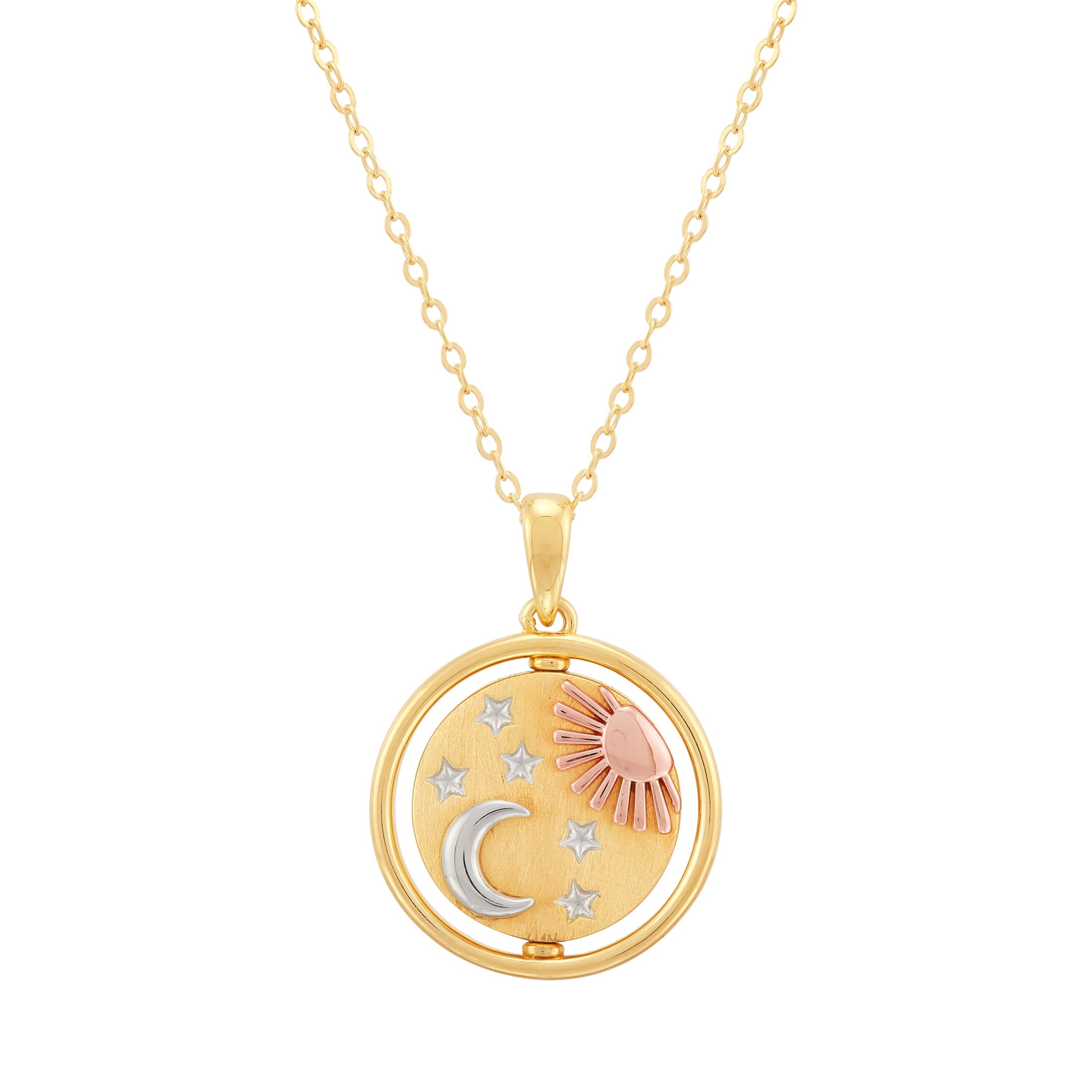 Brilliance Fine Jewelry Sterling Silver 14KT Gold Plated Spinning Sun Moon Circle Pendant Necklace, 20"