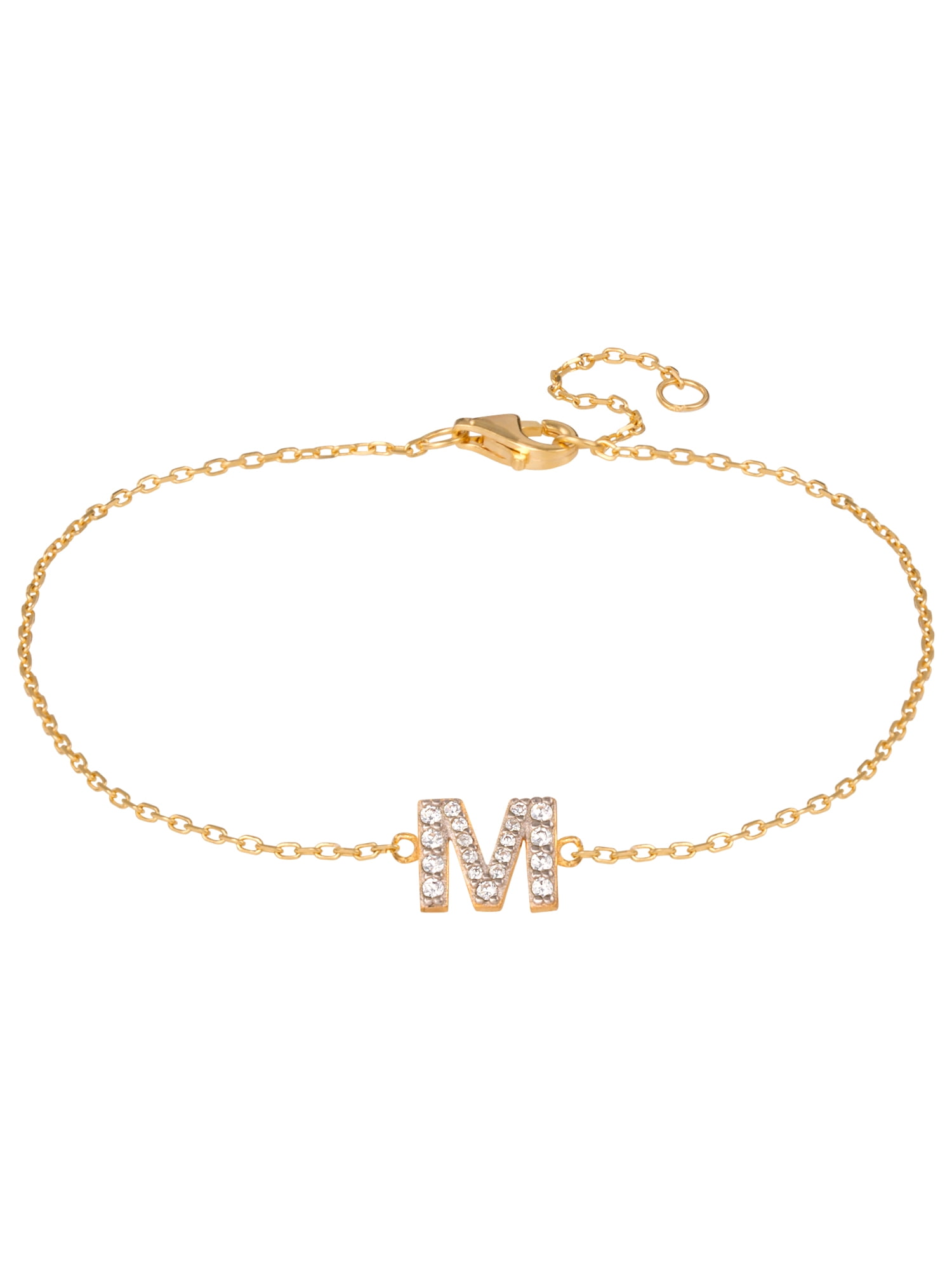 Brilliance Fine Jewelry Sterling Silver 14kt Gold Plated Cubic Zirconia Initial 'M' Bracelet, 6.5" + 1" Extension