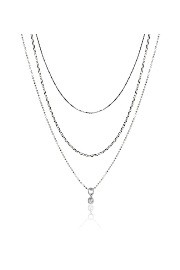 Sterling Silver 3 Layer CZ Charm Necklace Set, 16"+2"; 18"+2"; 20"+2"