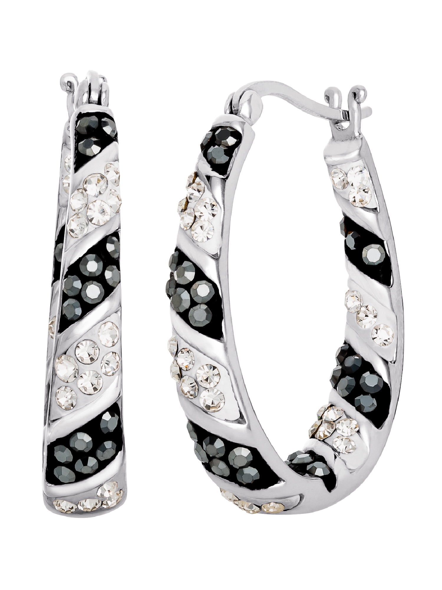 Brilliance Fine Jewelry Sterling Silver Clear and Black Crystal Hoop