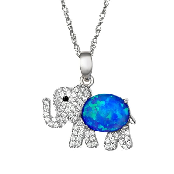 Brilliance Fine Women's Sterling Silver Cubic Zirconia and Created Opal Elephant Pendant 18" Chain