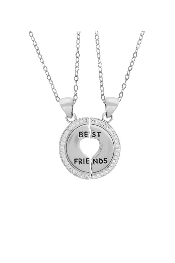 Sterling Silver Cut-Out Heart Crystal Best Friends Forever Adults Pendant Necklace 16"+2"