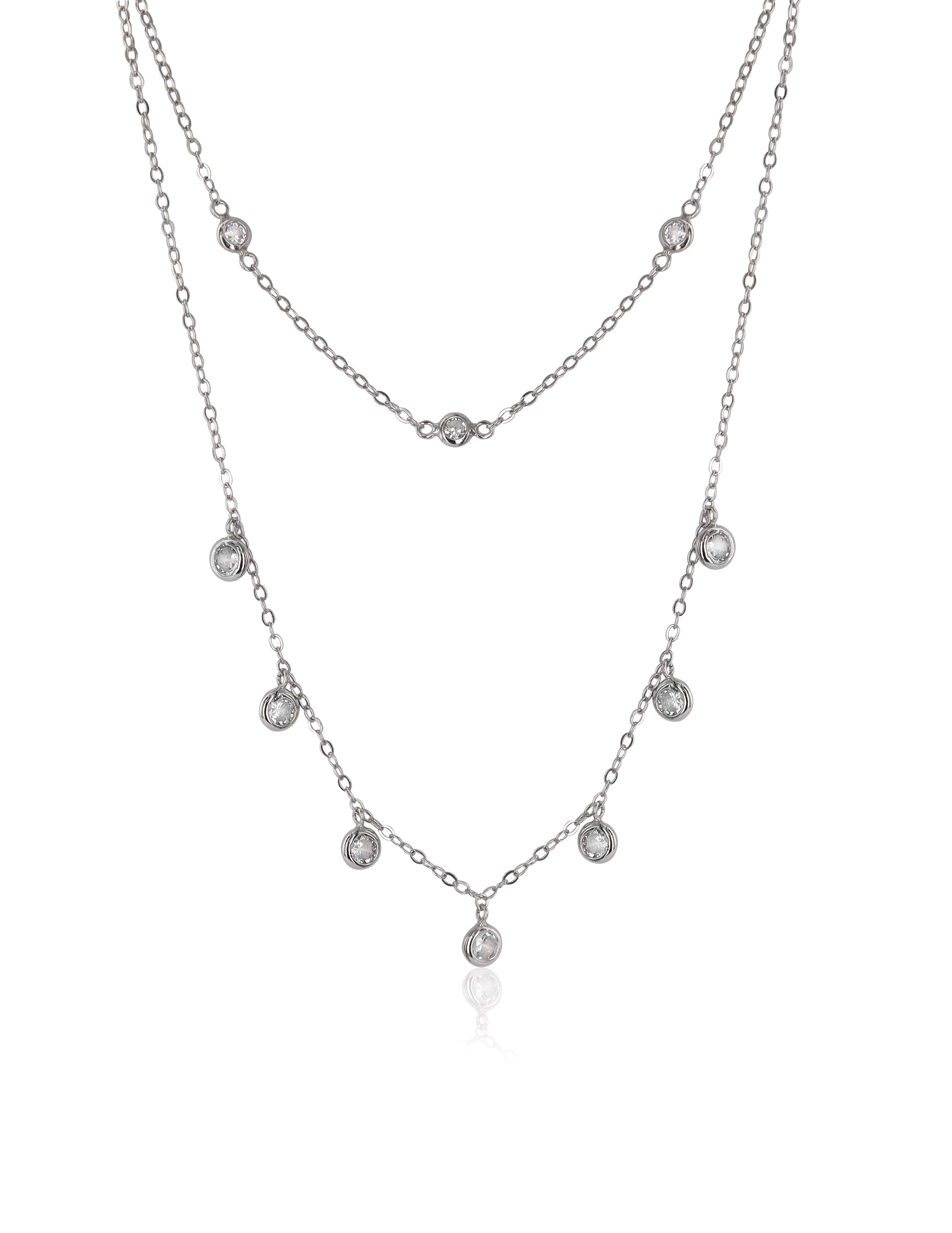 Brilliance Fine Jewelry Sterling Silver Dangle CZ By Yard Layer Necklace Set, 16"+2"; 18"+2"
