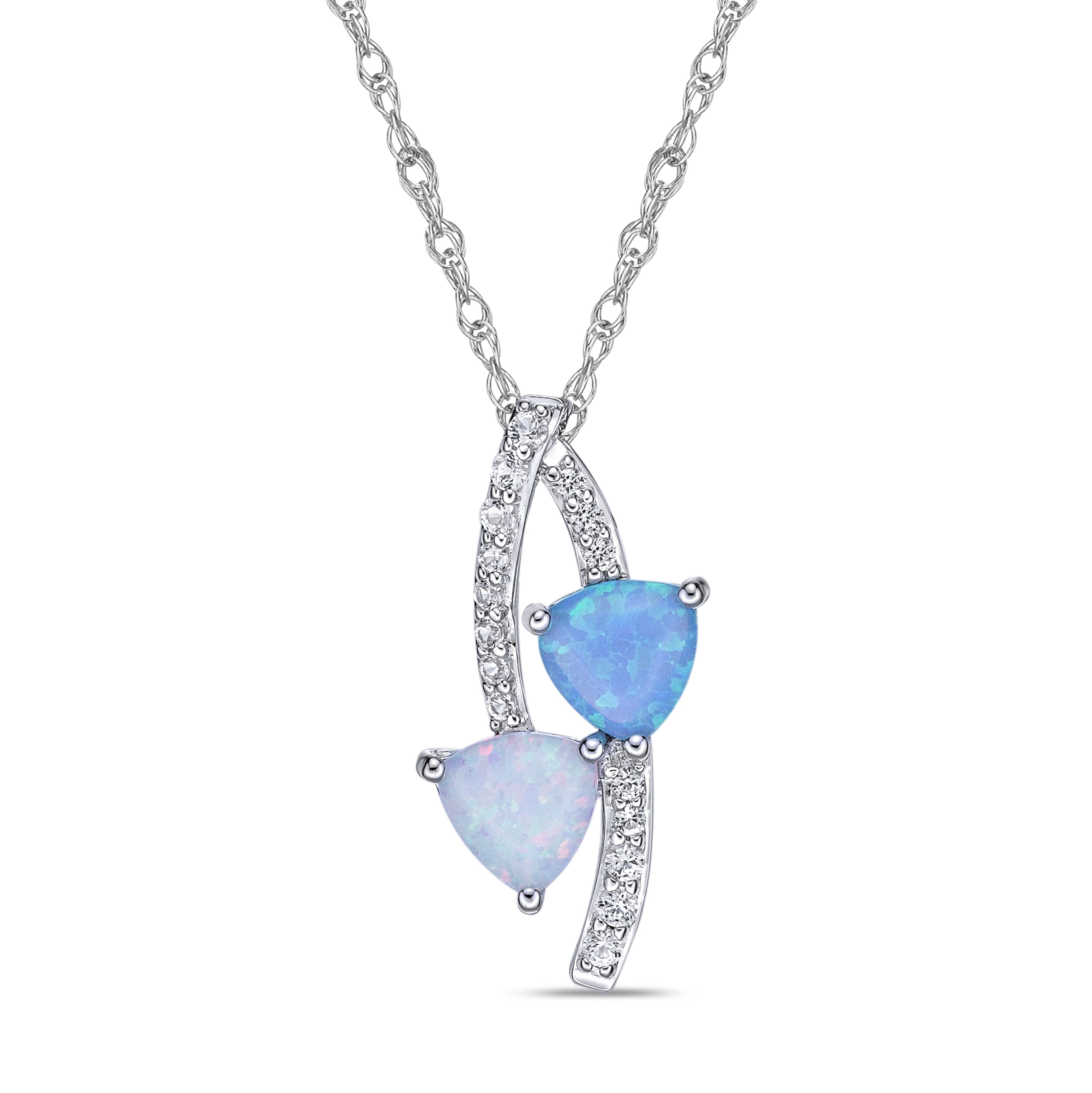 Brilliance Fine Jewelry Sterling Silver Double Bypass Hearts Created Blue & White Opal,  with Created White Sapphire accent Pendant with chain, 18"