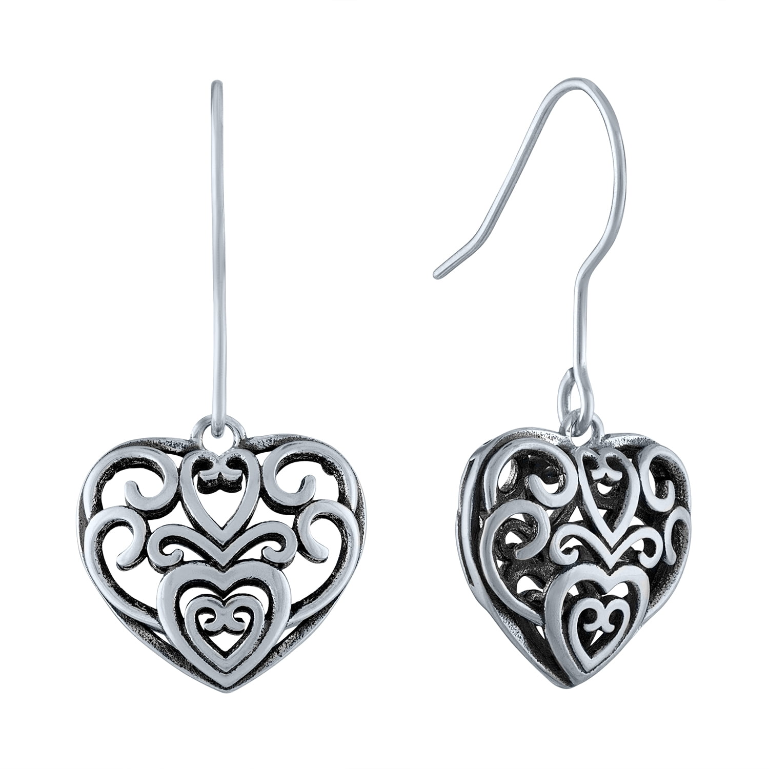 Brilliance Fine Jewelry Sterling Silver Filigree Heart Dangle Earrings